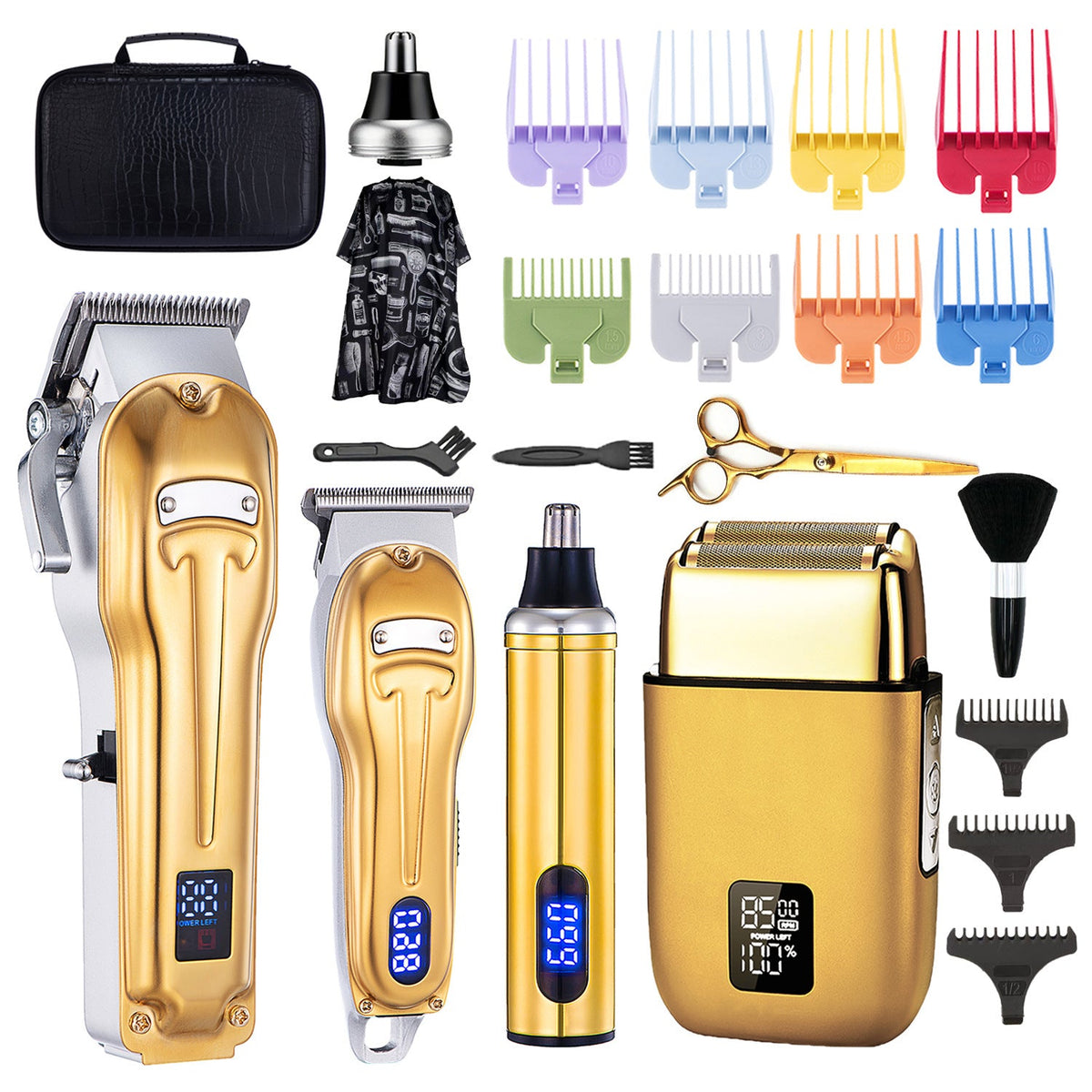 Professional Cordless Hair Trimmer set in gold and silver with digital displays, clipper guards, nose trimmer and foil shaver