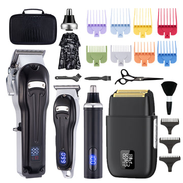 Professional Cordless Hair Trimmer set in black with sleek metal-finish clippers, foil shaver, nose attachment and colourful comb guards.