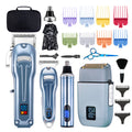 Professional Cordless Hair Trimmer set in metallic blue with matching nose and foil attachments, colourful comb guards and grooming accessories