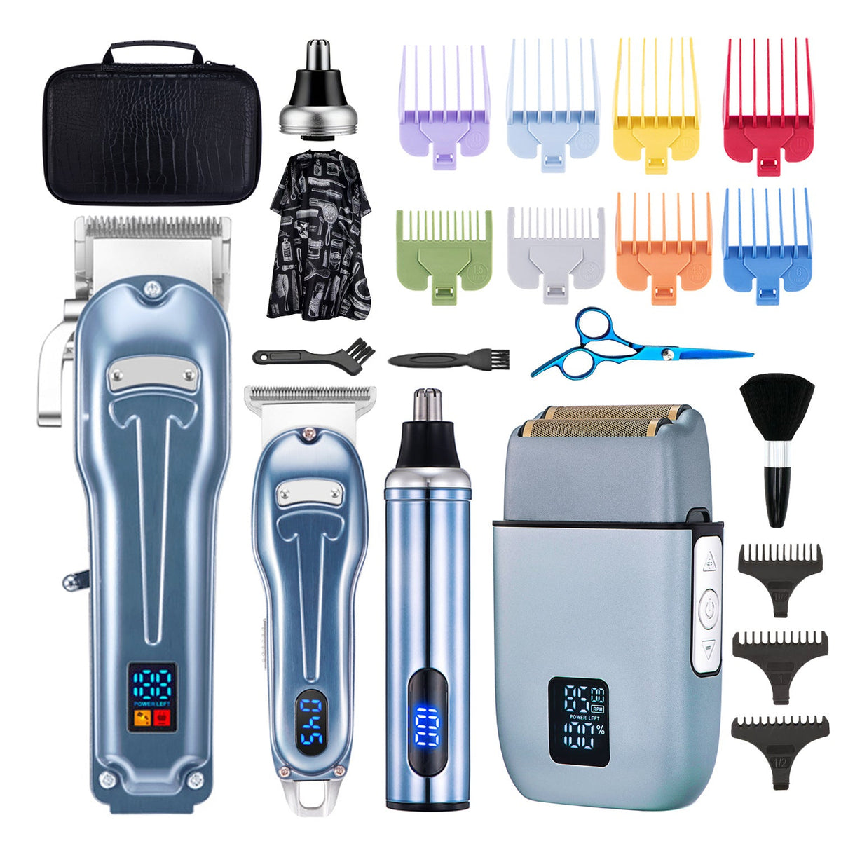 Professional Cordless Hair Trimmer set in metallic blue with matching nose and foil attachments, colourful comb guards and grooming accessories