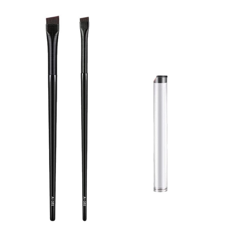 Professional Makeup Brush Set with two slim black brushes, angled dark bristles, and a clear storage tube