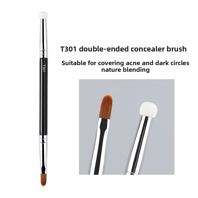 Professional Makeup Brush Set featuring a black double-ended concealer brush with white and brown synthetic bristles and silver ferrules