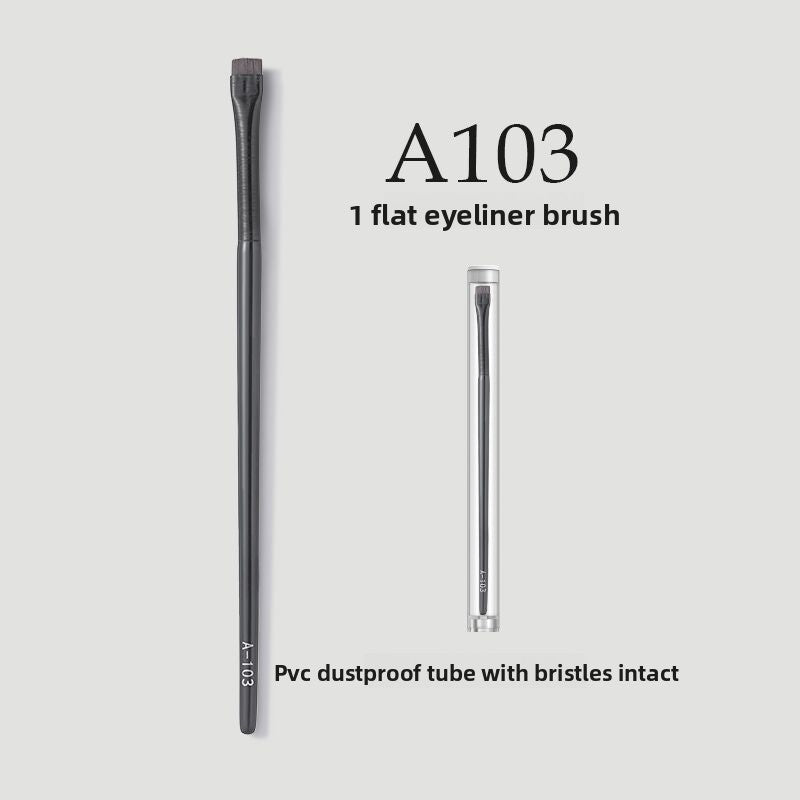 Professional Makeup Brush Set featuring a slim black flat eyeliner brush with fine bristles and a clear protective tube