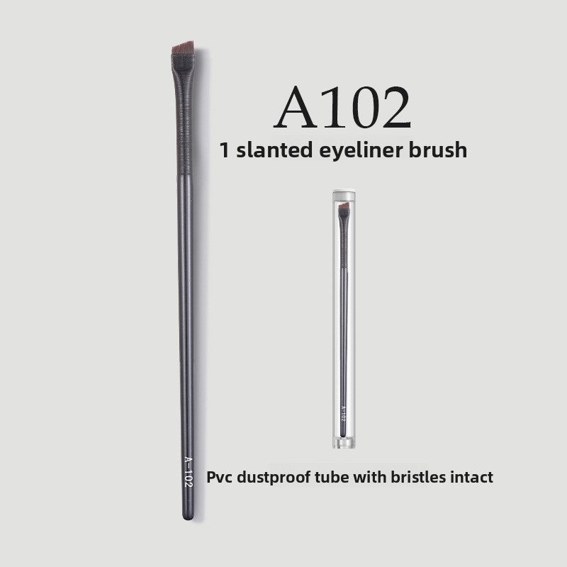Professional Makeup Brush Set with a slim black slanted eyeliner brush and a clear protective tube for bristles