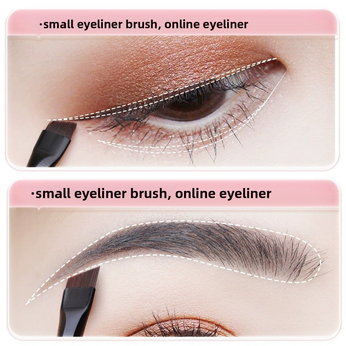 Professional Makeup Brush Set featuring a small black angled eyeliner brush shown shaping an eyelid line and eyebrow