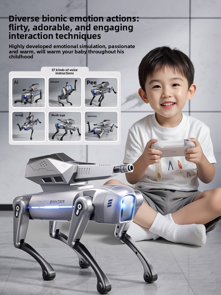 Programmable Robot Dog, silver robotic canine toy with blue illuminated panels, angular armor and four articulated legs