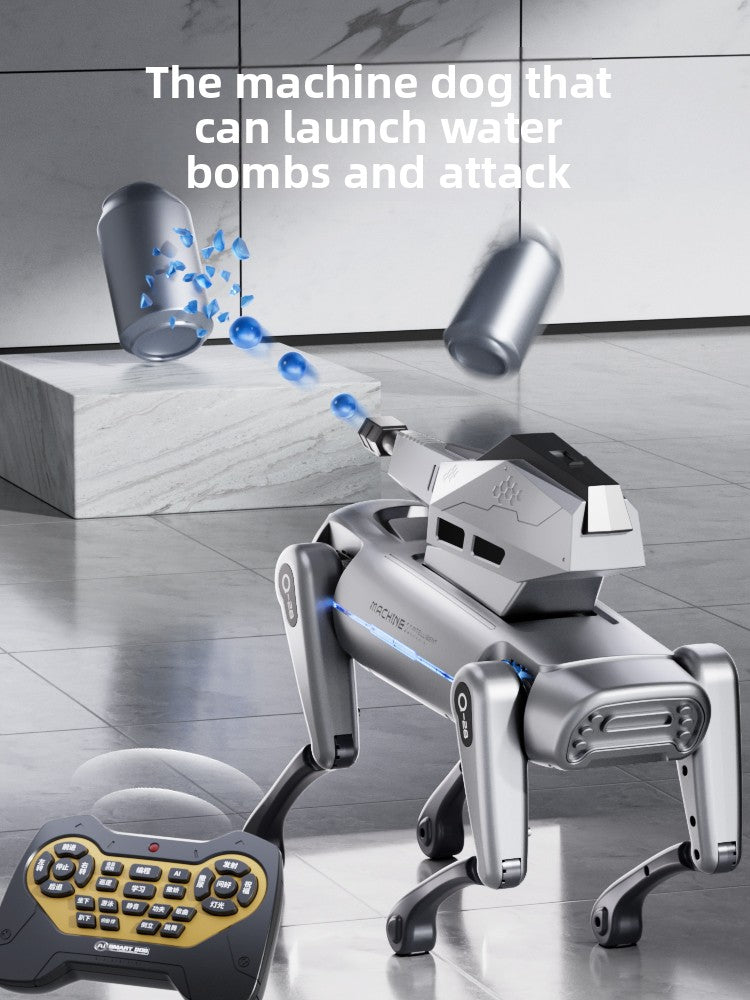 Programmable Robot Dog, silver robotic canine toy with blue illuminated panels, angular armor and four articulated legs