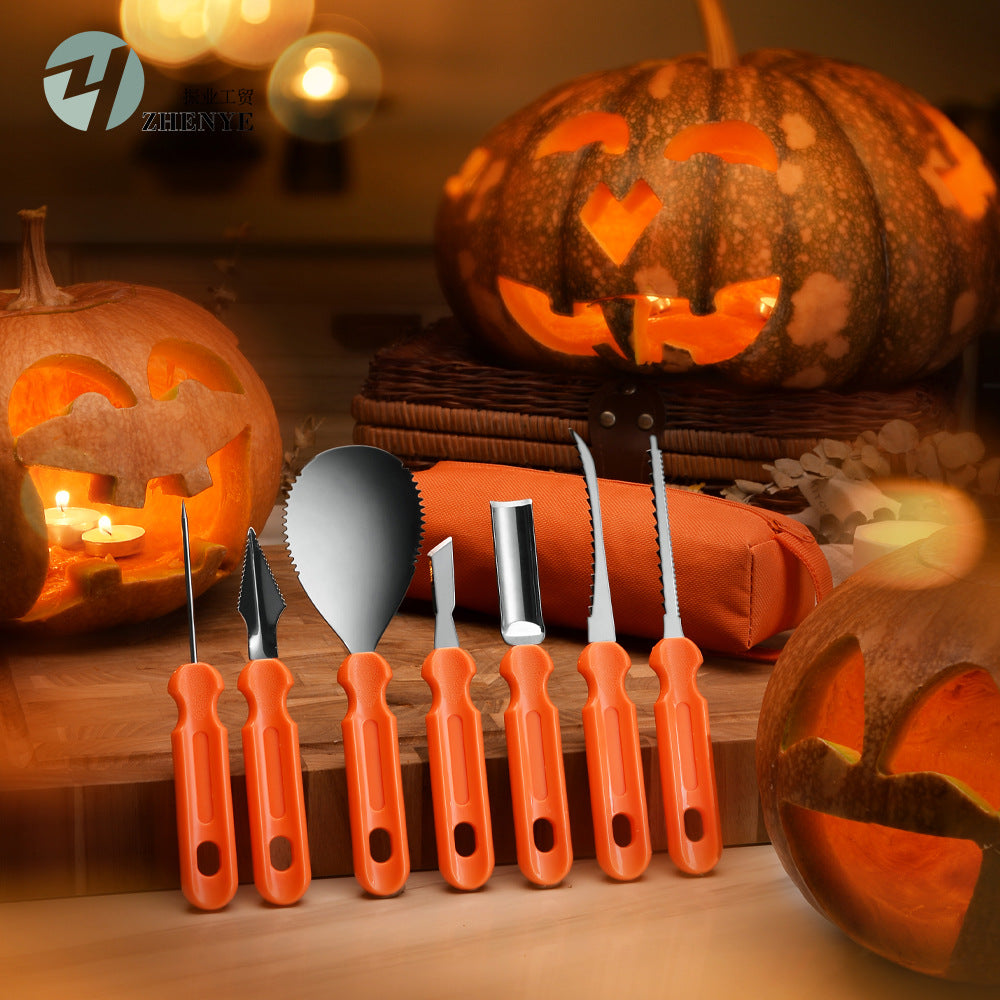 Pumpkin Carving Tools with bright orange molded handles and assorted stainless steel scoops, cutters, and saws in a set of seven
