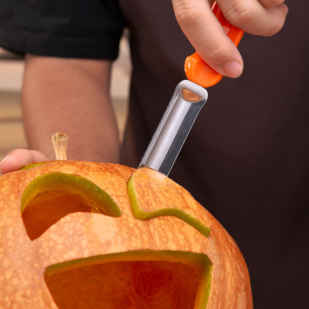 Pumpkin Carving Tools with bright orange molded handles and assorted stainless steel scoops, cutters, and saws in a set of seven
