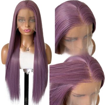 Purple long straight front lace wig in smooth lavender-purple synthetic fiber, with a center part and sheer lace hairline.