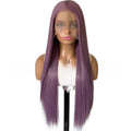 Purple long straight front lace wig in muted lavender synthetic hair, with a center part and sleek lengths.