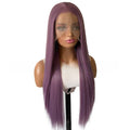 Purple long straight wig with sleek, center-parted plum synthetic hair and a sheer lace front.
