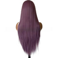 Purple long straight wig in deep plum synthetic hair, with a smooth, glossy finish and tapered ends