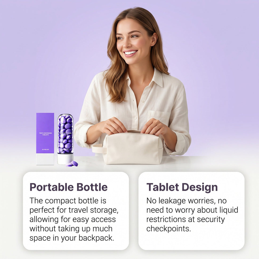 Purple Toothpaste Tablets in smooth lavender-purple pressed form, displayed in a clear cylindrical dispenser with a white base.