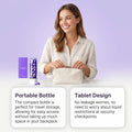 Purple Toothpaste Tablets in a portable clear bottle beside purple packaging, with a woman holding a travel pouch