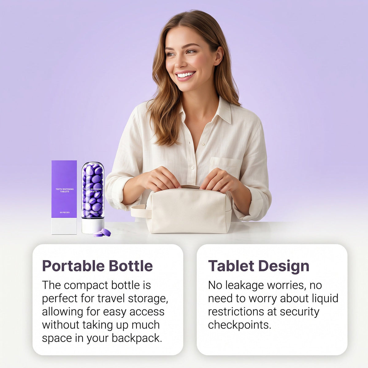 Purple Toothpaste Tablets in a portable clear bottle beside purple packaging, with a woman holding a travel pouch
