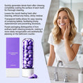 Purple Toothpaste Tablets shown as purple oval tablets in a clear bottle beside matching purple and white packaging