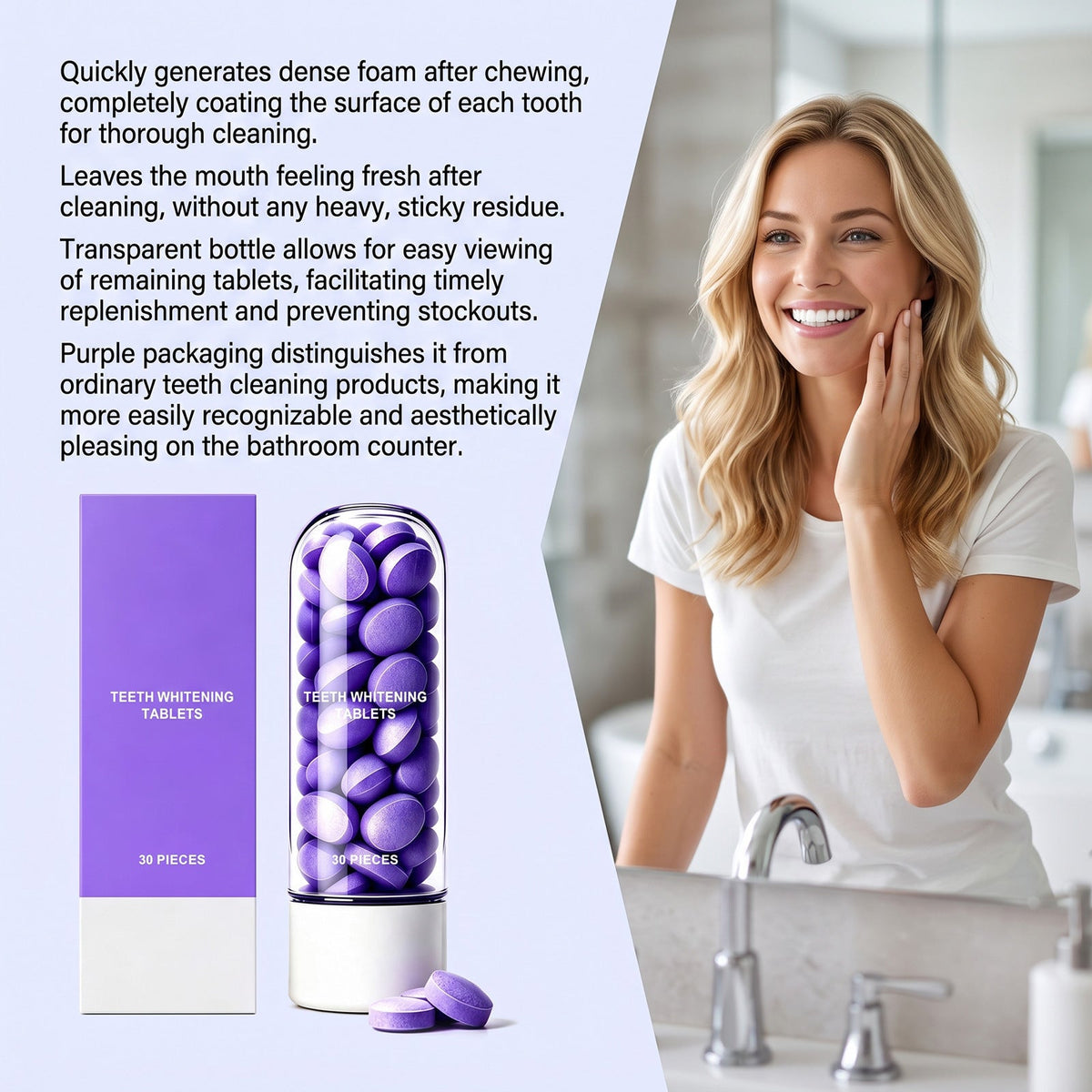 Purple Toothpaste Tablets shown as purple oval tablets in a clear bottle beside matching purple and white packaging