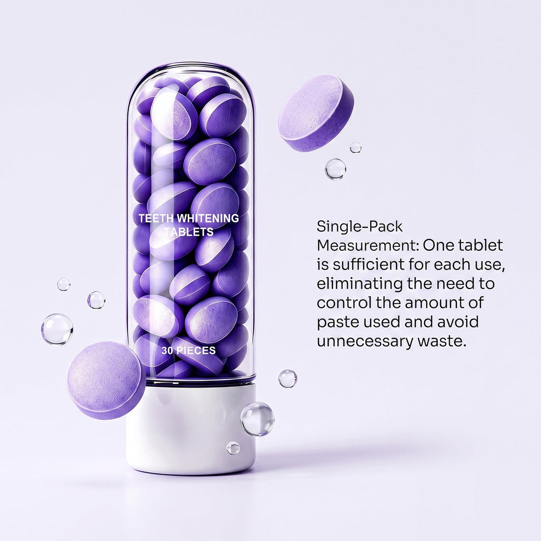 Purple Toothpaste Tablets in smooth lavender-purple pressed form, displayed in a clear cylindrical dispenser with a white base.