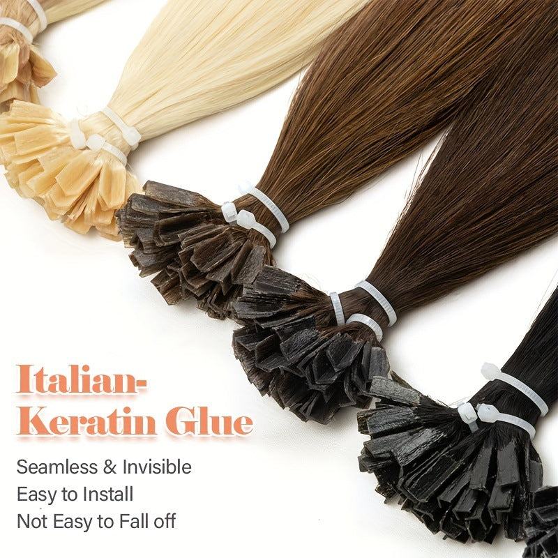 Real Human Hair Wigs in blonde and brown shades, shown as long straight strands with keratin glue tips
