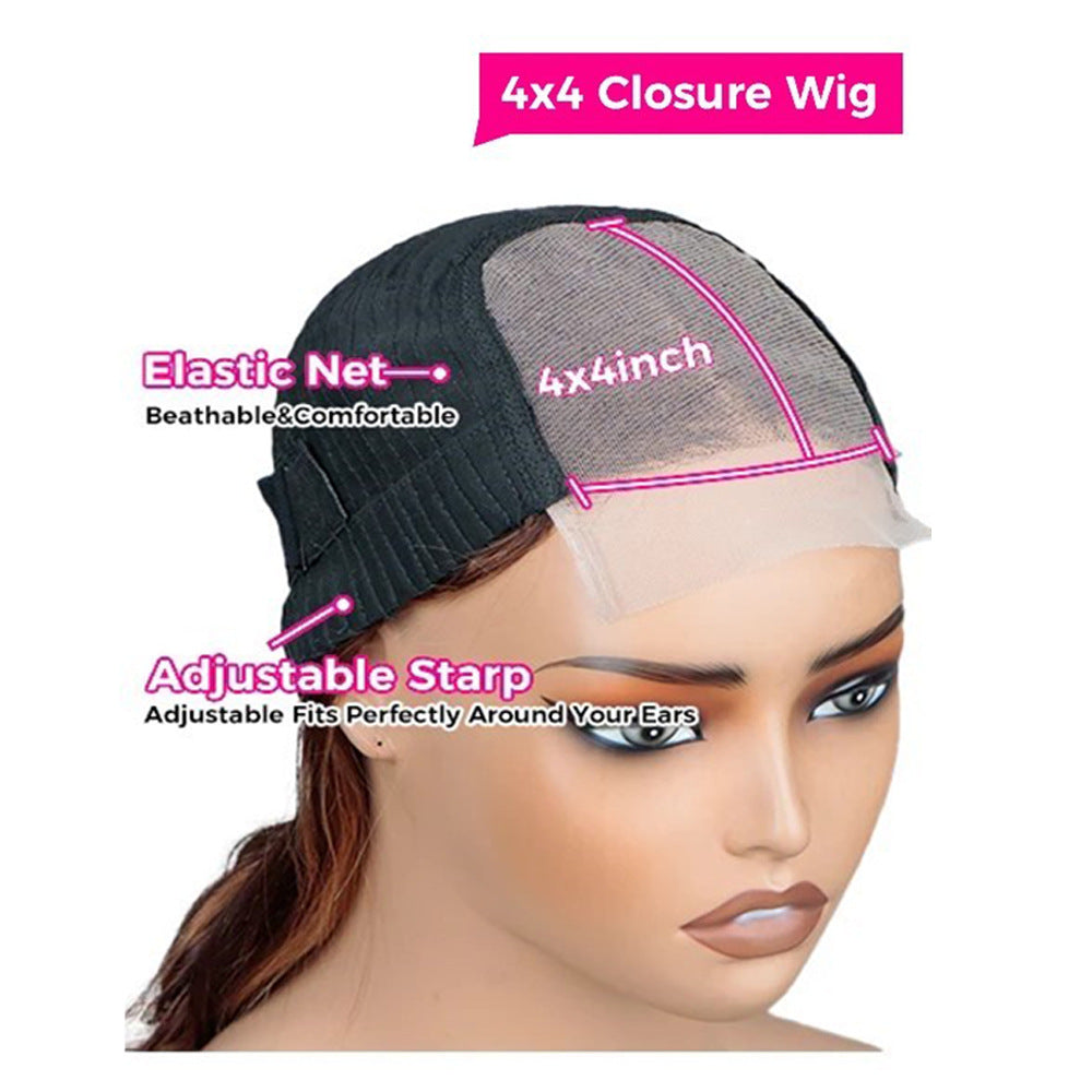 Real Human Hair Wigs shown as a ginger body wave wig with a breathable black cap and 4x4 lace closure