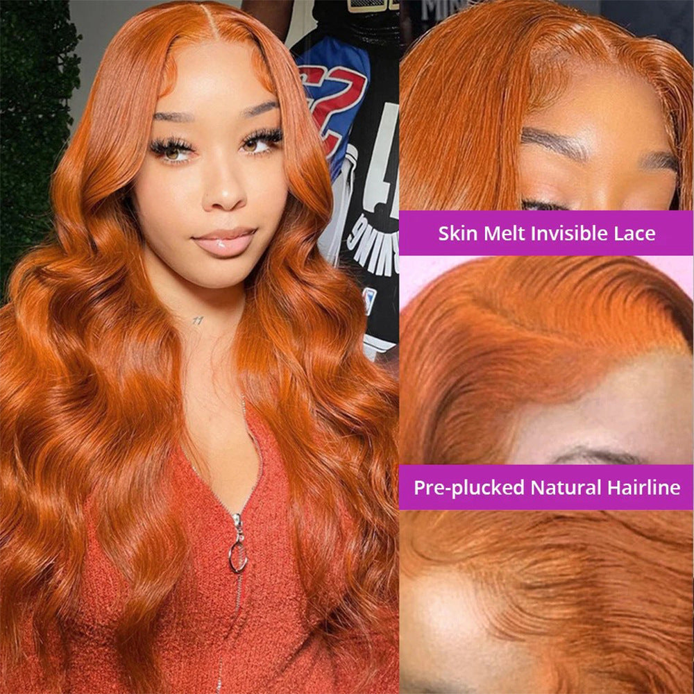 Real Human Hair Wigs in vibrant ginger with long, glossy body waves, a center part, and an invisible lace hairline