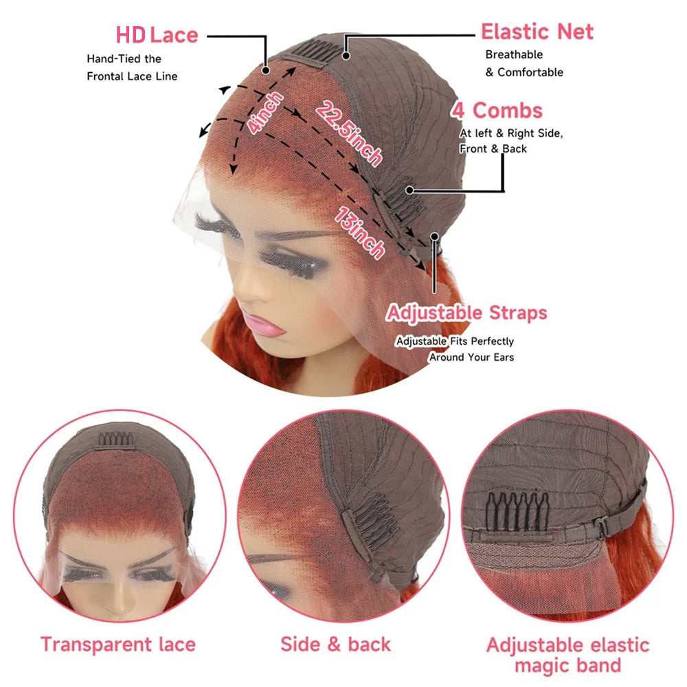 Real Human Hair Wigs feature a ginger body wave style, transparent lace front, breathable net cap, combs and adjustable straps