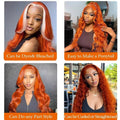 Real Human Hair Wigs in vibrant ginger with long, wavy strands, shown in varied styles and parted looks