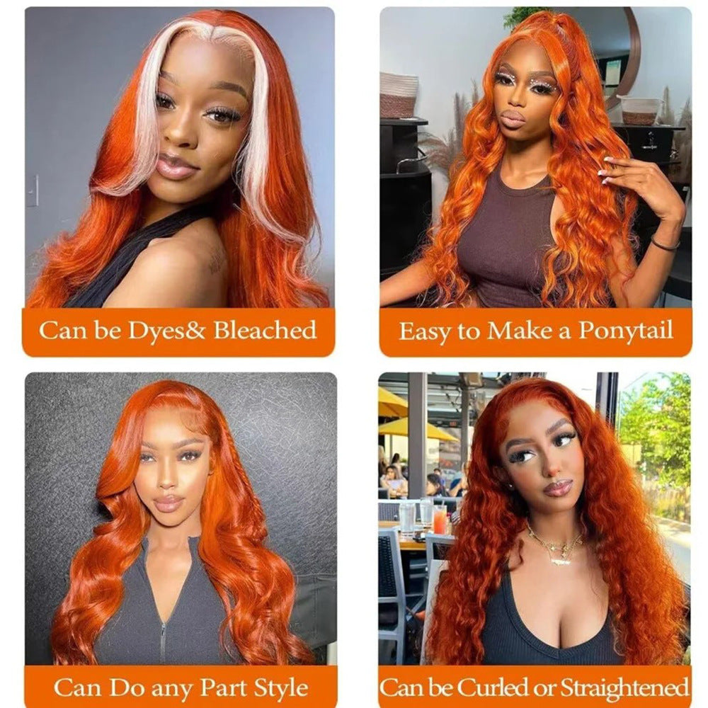 Real Human Hair Wigs in vibrant ginger with long, wavy strands, shown in varied styles and parted looks