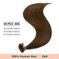 Real Human Hair Wigs U-tip extension in long, smooth medium brown hair, shown as a 50-piece 30g bundle