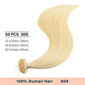 Real Human Hair Wigs shown as a long, smooth, pale blonde U-tip extension with a bundled attachment end