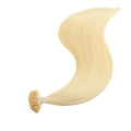 Real Human Hair Wigs, a long, straight platinum blonde U-tip extension with smooth, fine strands and a tied tip