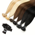 Real Human Hair Wigs shown as straight U-tip extensions in blonde, brown, and black shades with bundled keratin tips