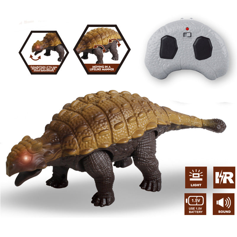 Realistic Remote Control Dinosaur toy in textured brown plastic, with a long neck, four legs, tapered tail and glowing eyes.