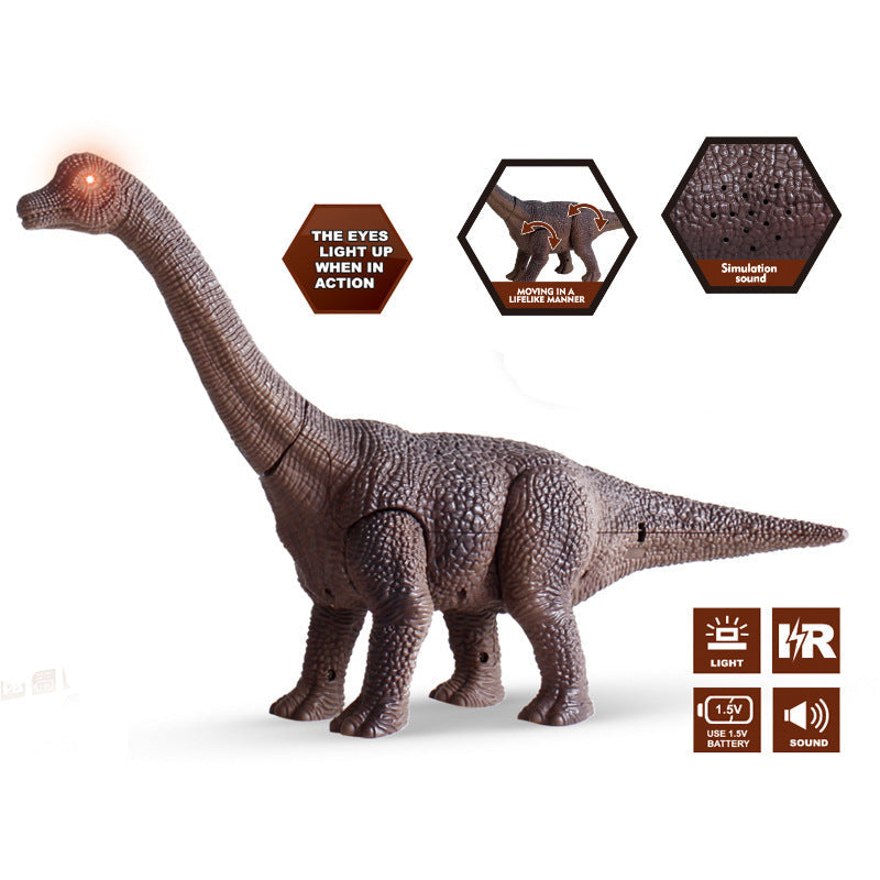 Realistic Remote Control Dinosaur toy in textured brown plastic, with a long neck, four legs, tapered tail and glowing eyes.