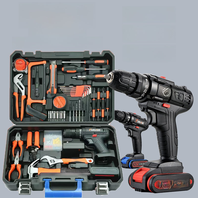Rechargeable Hardware Tools kit with a black cordless drill, red accents, battery and assorted bits in a hard case.
