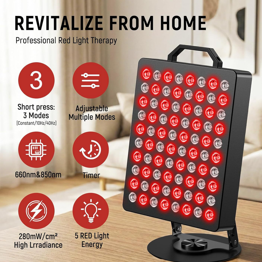 Red Light Therapy desktop panel with a black rectangular body, handle, stand and rows of red and silver LEDs
