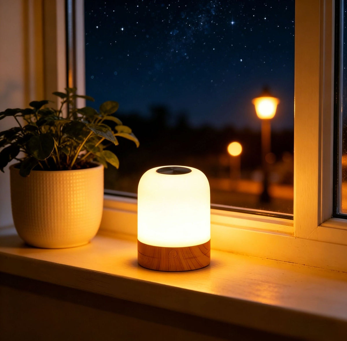 Red Light Therapy Lamp with a glowing warm amber cylindrical shade, dark top opening, and wood-grain base