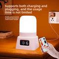 Red Light Therapy Lamp with a pale pink base, white cylindrical diffuser, digital display, and handheld remote control.