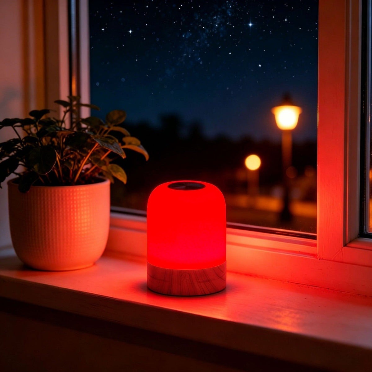 Red Light Therapy Lamp with a glowing red cylindrical shade and wood-grain base, featuring a touch control top