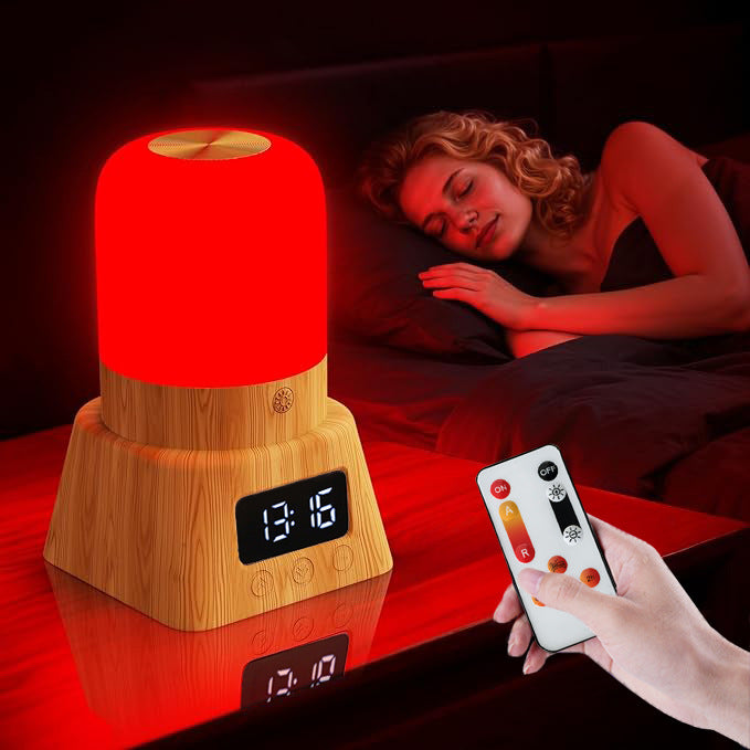 Red Light Therapy Lamp with a glowing red cylindrical shade, wood-grain base, digital clock display and handheld remote