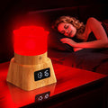 Red Light Therapy Lamp with a glowing red cylindrical top, wood-grain base, and digital clock display