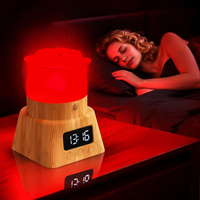 Red Light Therapy Lamp with a glowing red cylindrical top, wood-grain base, and digital clock display