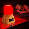Red Light Therapy Lamp with a vivid red cylindrical glow, wood-grain base and digital clock display