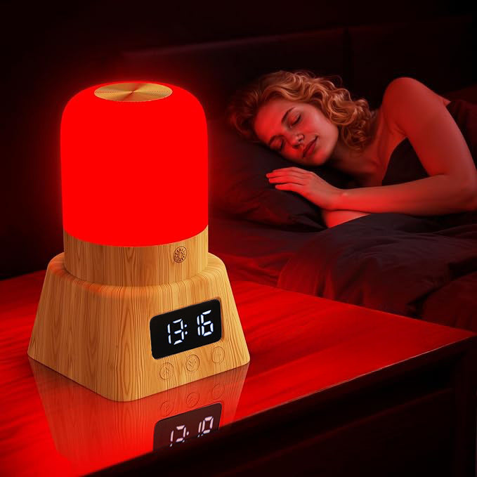Red Light Therapy Lamp with a vivid red cylindrical glow, wood-grain base and digital clock display