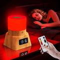 Red Light Therapy Lamp with a glowing red cylindrical top, wood-grain base, digital clock display and remote control