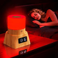 Red Light Therapy Lamp with a glowing red cylindrical shade, wood-grain base, and digital clock display