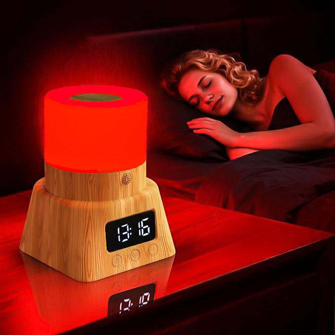 Red Light Therapy Lamp with a glowing red cylindrical shade, wood-grain base, and digital clock display