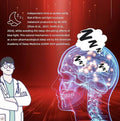 Red Light Therapy Lamp promotional graphic showing a glowing blue brain, sleep symbols, and a clinician beside red light