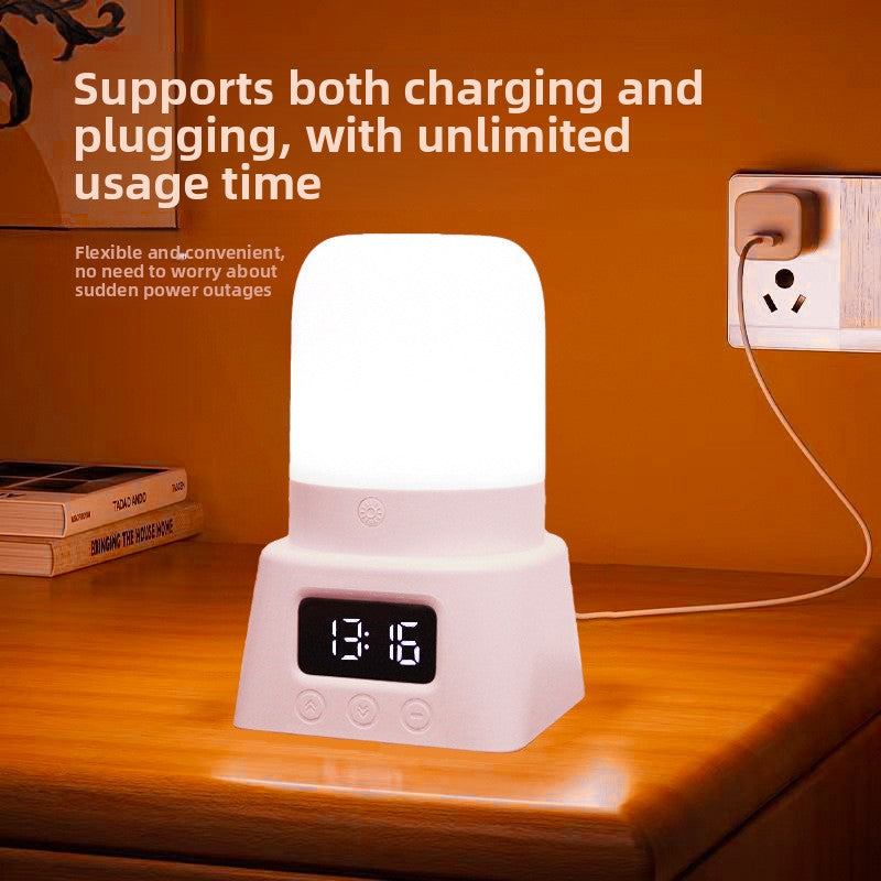 Red Light Therapy Lamp with a white rounded diffuser, pink base, digital clock display and three touch buttons
